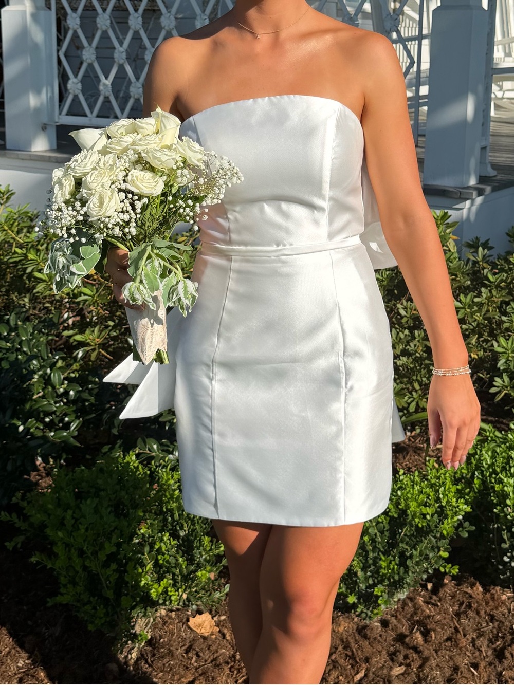 Strapless White Satin Mini Dress with Bow Back